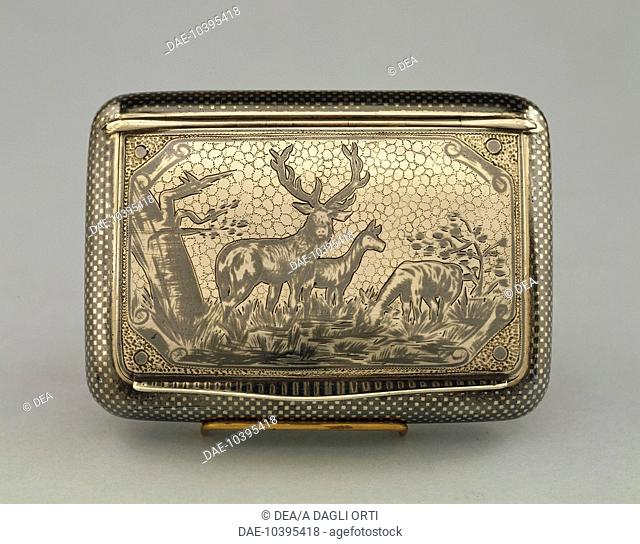 Silversmith's Art, Czechoslovakia 19th century. Silver snuffbox and cigarette case decorated with niello