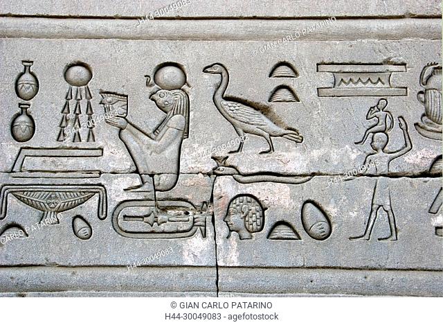 Egypt, Dendera, Ptolemaic temple of the goddess Hathor.Carvings on external wall