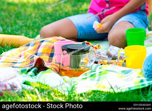 Picnic on the lawn in a city park, teapot close-up