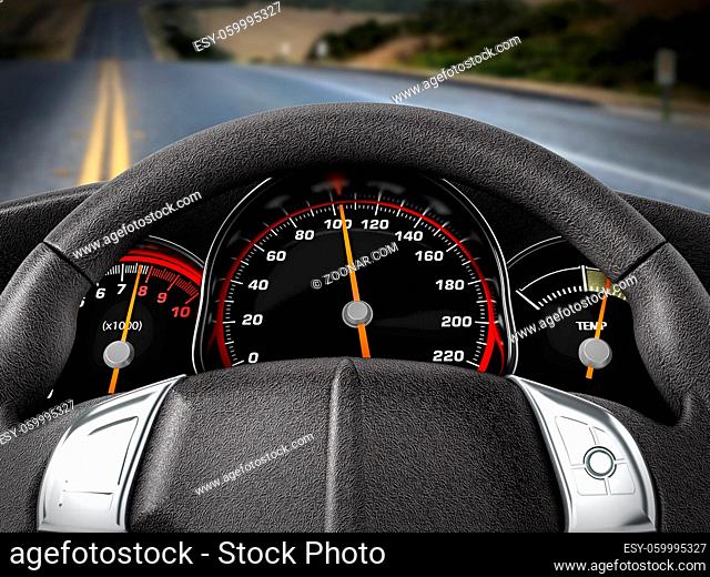View of the road from the driver seat. 3D illustration