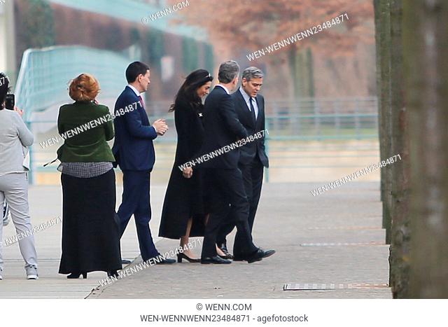 George Clooney and his wife Amal Clooney leaving Chancellory (Bundeskanzleramt) after a meeting with German chancellor Angela Merkel and heading back to Hotel...