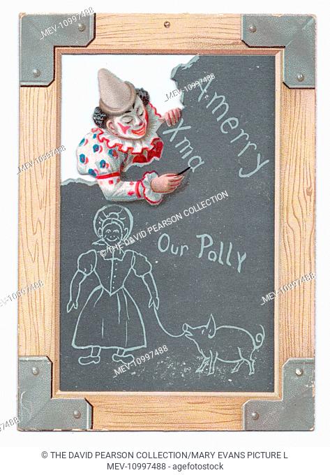 Clown writing on a child's slate on a Christmas card