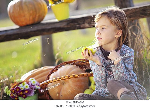 Cute child sitting on grass near pumpkins