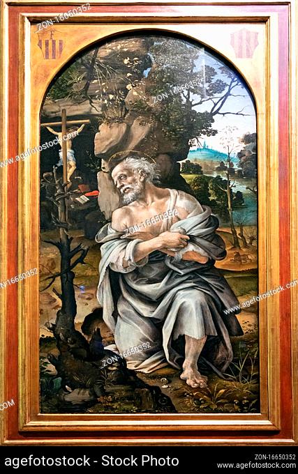 FLORENCE, TUSCANY/ITALY - OCTOBER 19 : The penitent St Jerome painting in the Uffizi gallery in Florence on October 19, 2019