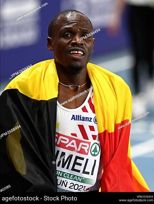 Belgian Isaac Kimeli celebrates after the men 3000m final at the European Athletics Indoor Championships, in Torun, Poland, Sunday 07 March 2021