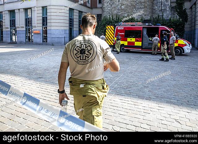 Illustration picture shows firemen at the Ibis Hotel in the city center of Brussels, Wednesday 31 August 2022. An evacuation of the hotel took place earlier