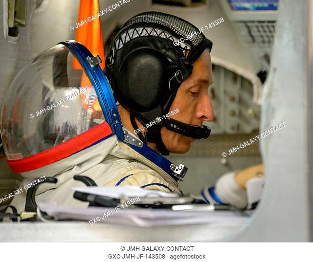 Expedition 49 Russian cosmonaut Sergei Ryzhikov of Roscosmos is seen during his Soyuz qualification exams with fellow Russian cosmonaut Andrey Borisenko of...