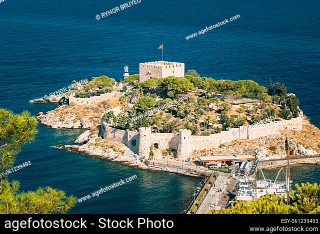 Kusadasi, Aydin Province, Turkey. Top View Of The Pigeon Island. Old 14th-15th Century Fortress On Guvercin Adasi In The Aegean Sea. Bird Island