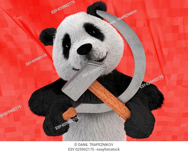 maniacal kind of character in black-and-white Chinese panda, also referred to as bamboo bear holding in its paws symbols of the communist parties of world...