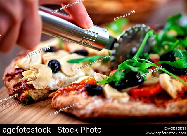 Cheese and Champignon Pizza on Wooden Board. High quality photo