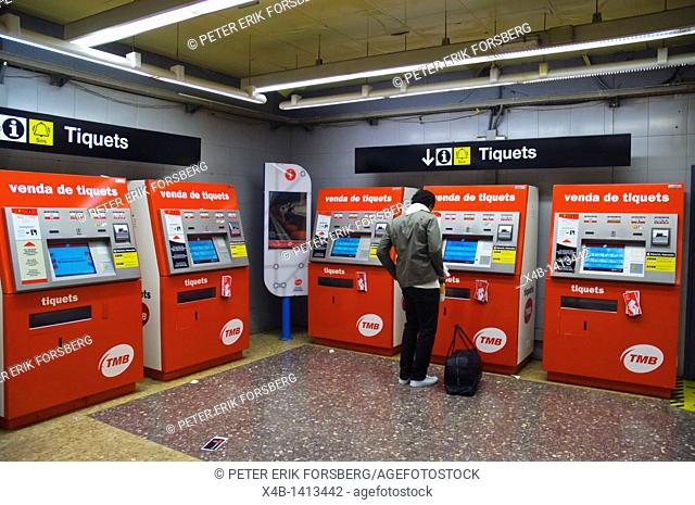 Ticket machines Sants Estacio metro underground station central Barcelona Catalunya Spain Europe