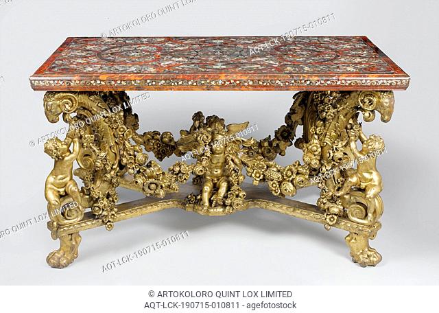 Table Table with base of sculpted and gilded lime wood, Table with base of carved and gilded lime wood. The X-shaped cross rests on lion's claws and carries...