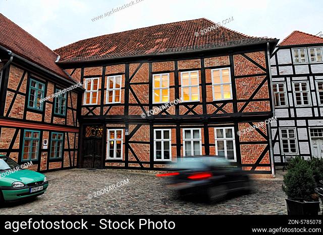 Half-timbered house at Domhof, Schwerin, Mecklenburg-Western Pomerania, Germany