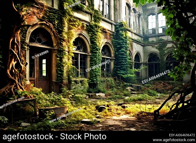 Abandoned asylum with broken windows and overgrown vines