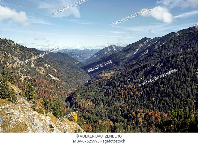 View of Sylvenstein Reservoir from Lakaiensteig Mountain Path through Fischbach Valley