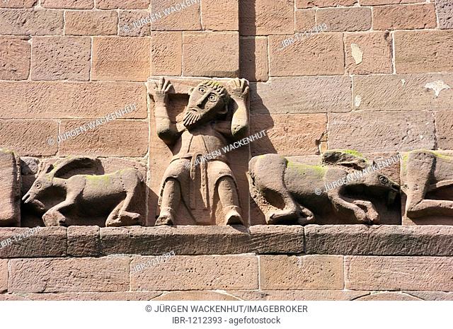 Eulenturm tower figure frieze, Kloster St. Peter and Paul monastery, Hirsau, Black Forest, Baden-Wuerttemberg, Germany, Europe