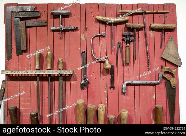 Old hand tools used at Wine industry for barrel-making. Selective focus