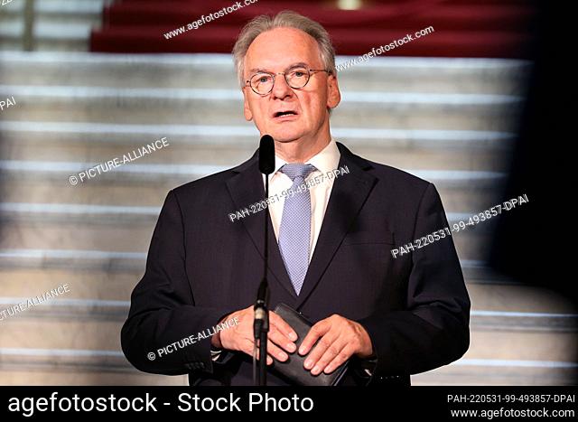 31 May 2022, Saxony-Anhalt, Magdeburg: Saxony-Anhalt's Minister President Reiner Haseloff (CDU) speaks to the media during the inaugural visit of the...