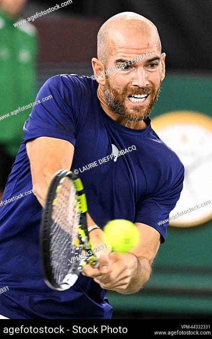 French Adrian Mannarino pictured in action during the second game in a match between the France and Germany, in Group C of the group stage of the 2022 Davis Cup...