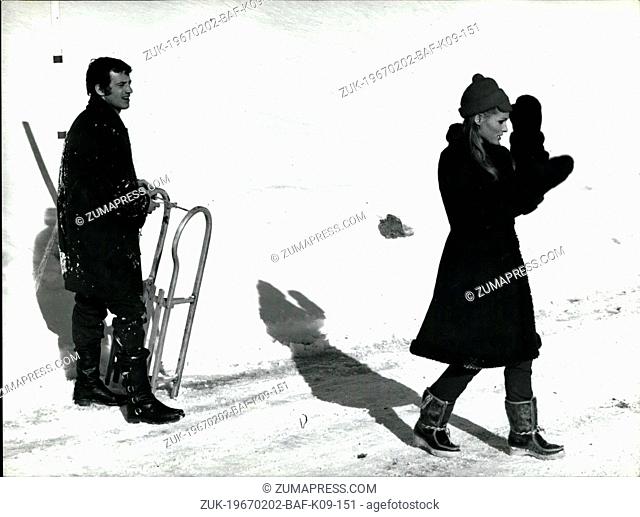 Feb. 02, 1967 - Work And Holiday On The Snow2 Beautiful actress Ursula Andress received the visit of her fiend Jean Pa-l Belmondo on the set of the film 'The...