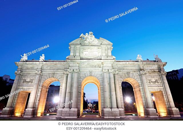 night view of the famous Puerta de Alcala, Madrid, Spain