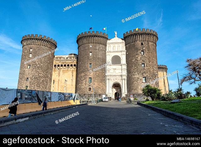 Iconic mediaeval fortress Castel Nuovo in downtown Naples, Southern Italy