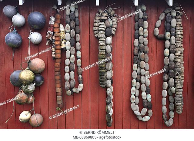 USA, Alaska, wood-house red, wall, buoys, North America, hung up boathouse, cottage wood-cottage fisher-cottage wood-wall economy, haul, net-fishery