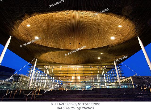 The Welsh Assembly debating chamber, or Senedd, Cardiff  Night with lights