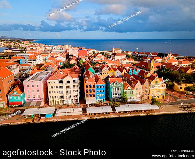 Willemstad, Curacao March 2021. Dutch Antilles. Colorful Buildings attracting tourists from all over the world. Blue sky sunny day Curacao Willemstad