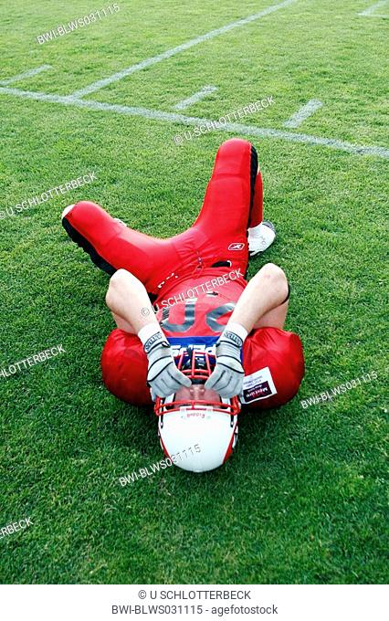 Stuttgart Scorpions player lying on the ground, 1st Bundesliga GFL South Division, Germany, Stuttgart