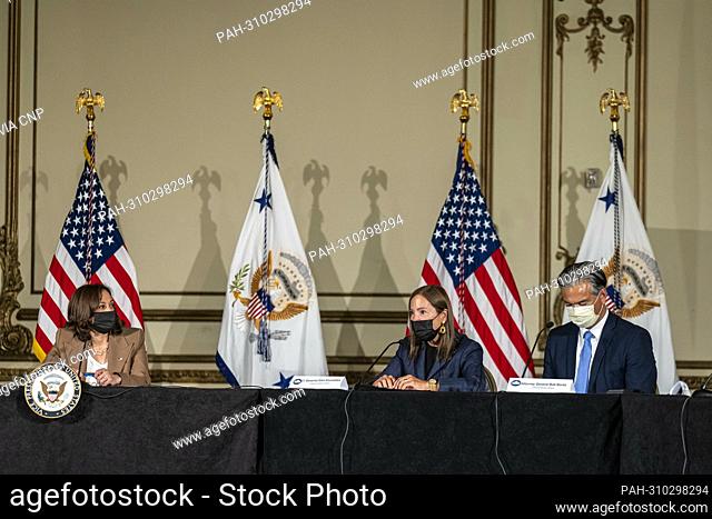 Eleni Kounalakis, California’s lieutenant governor, center, speaks as United States Vice President Kamala Harris, left, and Rob Bonta