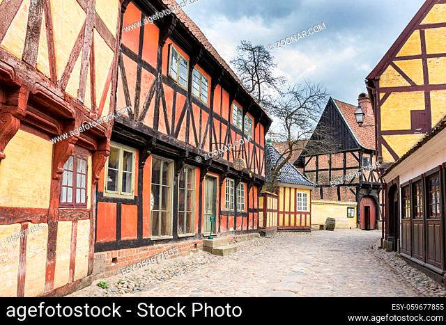 AARHUS, DENMARK - APRIL 12, 2015: Medieval houses the streets of in open air museum Den Gamle By in Aarhus in Denmark
