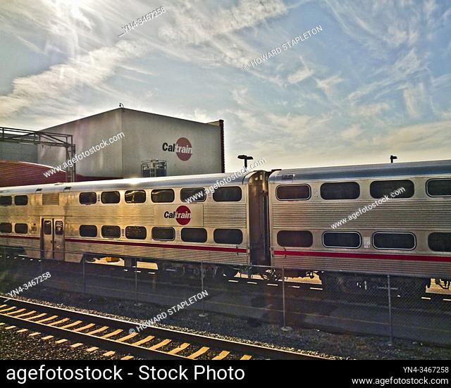 Caltrain rail yard in San Jose, California. Caltrain is a commuter rail line on the San Francisco Peninsula and in the Santa Clara Valley