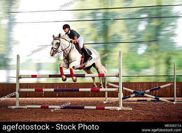Riding a horse jump barrier bar handsome young girl
