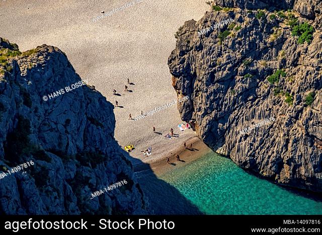 aerial view, rocky bay and beach torrent de pareis la calobra, escorca, mallorca, balearic islands, spain