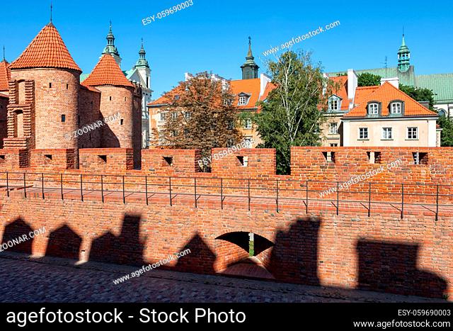 City of Warsaw in Poland, Old Town brick wall fortification, houses in the New Town