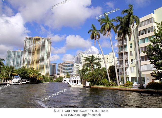 Florida, Ft. Fort Lauderdale, New River, city skyline, condominium, high-rise, office, buildings, balconies, Las Olas Grand, yacht,