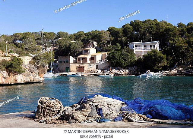 Fishing nets, Cala Figuera, Santanyi, Majorca, Balearic Islands, Spain, Europe