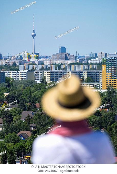 Visitor on viewing platform looking at Berlin skyline at IFA 2017 International Garden Festival (International Garten Ausstellung) in Berlin, Germany