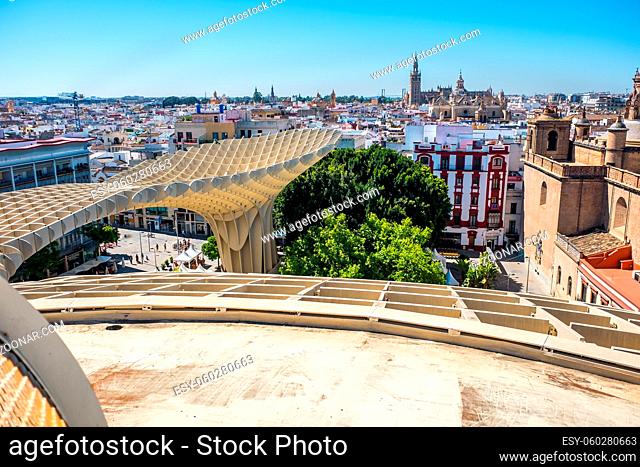 Seville, Spain May 8th 2019: Details of The Metropol Parasol, Setas de Sevilla , the largest wooden structure in the world, , located at Plaza de la Encarnacion