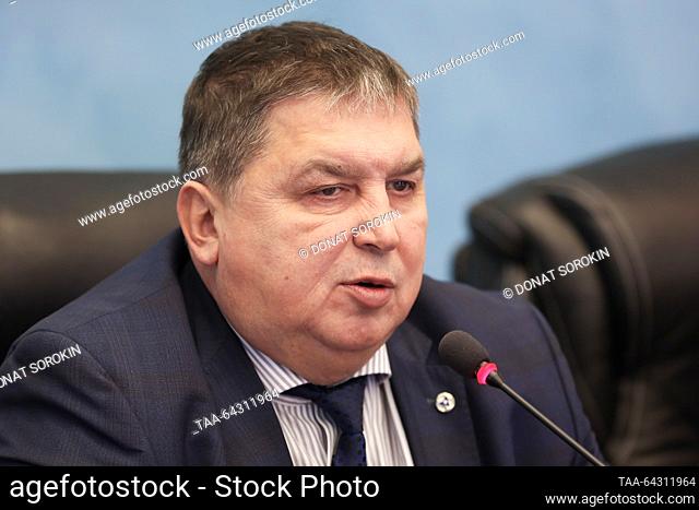 RUSSIA, SVERDLOVSK REGION - NOVEMBER 2, 2023: Beloyarsk NPP Director Ivan Sidorov gives a news conference at the Beloyarsk Nuclear Power Station named after...
