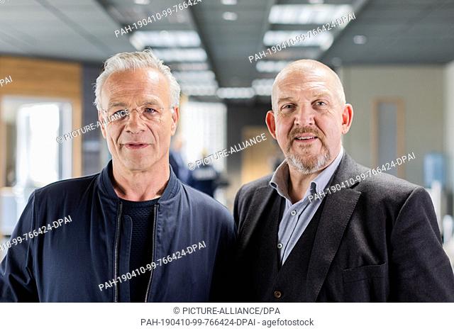 10 April 2019, North Rhine-Westphalia, Köln: The actors Klaus J. Behrendt (l, as commissioner Max Ballauf) and Dietmar Bär (as commissioner Freddy Schenk) stand...