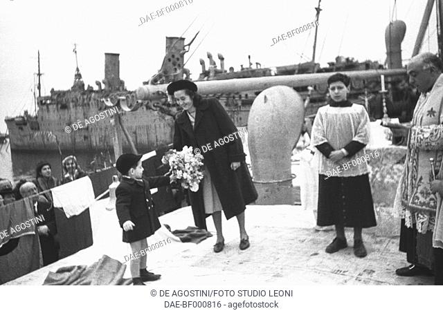 Religious blessing, christening of the Isabel ship, February 15, 1948, Genoa port, Italy, 20th century. Genoa, Foto Studio Leoni