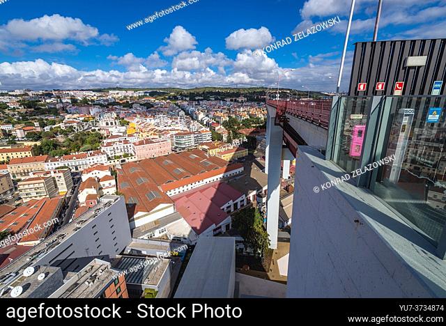 Aerial view from Pilar 7 Bridge Experience interactive centre in Alcantara district of Lisbon city, Portugal