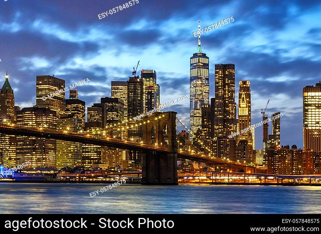 New York City skyline night Manhattan town Brooklyn Bridge World Trade Center travel