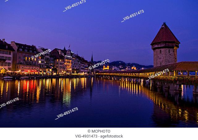 Night exposure of famous Kapelbrucke Bridge called Chapel Bridge at lake in Lucerne Switzerland Luzern - 02/11/2020