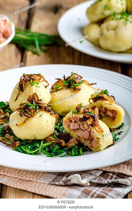 Potato dumplings stuffed with smoked meat, czech original meal, very unhealthy, but delicious