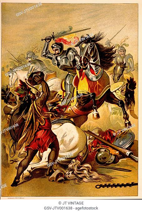 Hernan Cortes (1485-1547), Spanish Conquistador, Battle in Tlascalan Territory, Mexico, 1519, Chromolithograph from Painting by O. Graeff, 1892