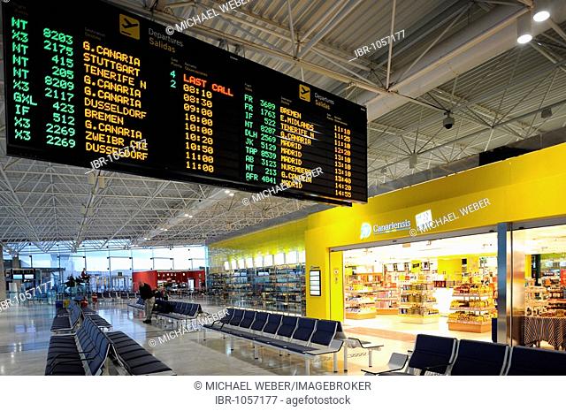 Duty-Free Shop and a departure board in the waiting area at a boarding gate, Fuerteventura Airport, Canary Islands, Germany, Europe