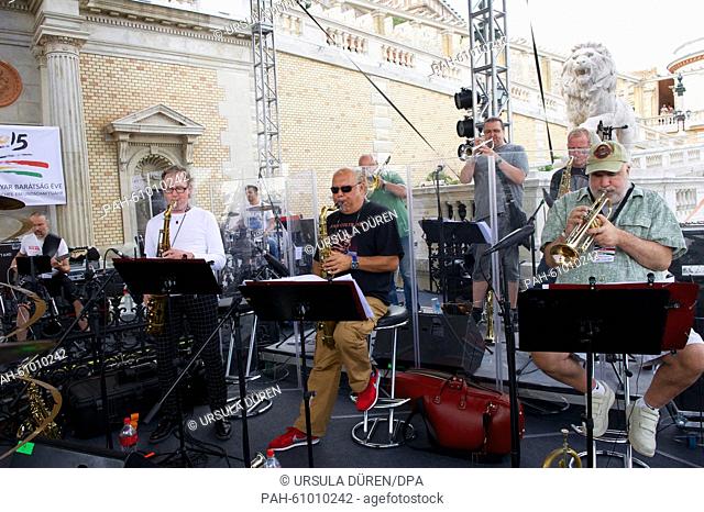 Bristish saxophonist John Helliwell (front L), Hungarian Jazz saxophonist Antal Tony Lakatos and US Jazz musician Randy Brecker preform during the Soundchek for...